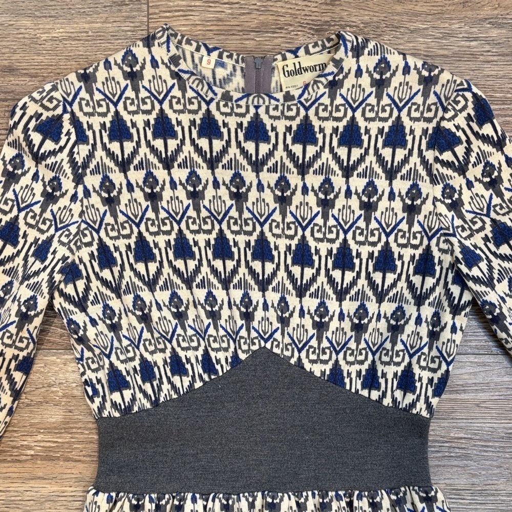 Vintage Goldworm Virgin Merino Wool Blue and Cream Patterned Dress Made In Italy - Picture 3 of 15